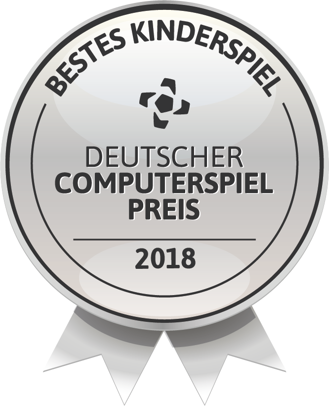 Badge showing that Monkey Swag won the german computer game award 2018 as best kids game.