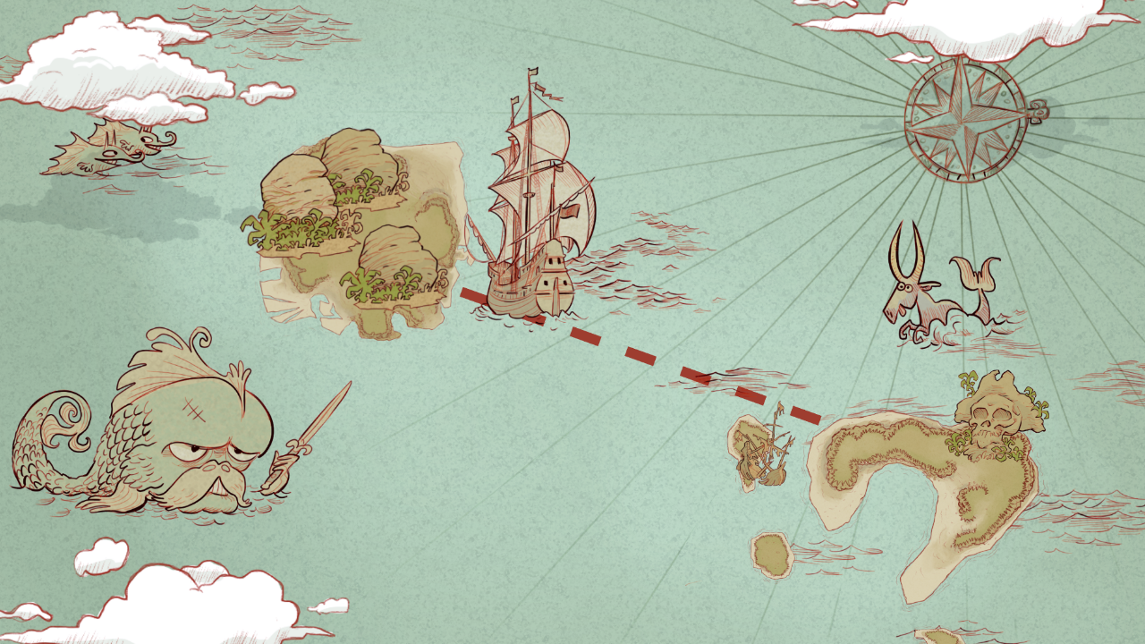 Screenshot of the game Monkey Swag, showing the sea map and islands.
