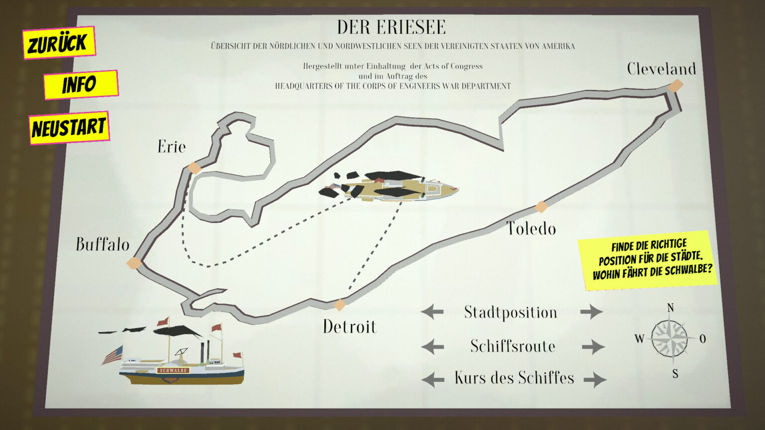 Screenshot of a puzzle. It shows a drawing of Lake Erie, a ship and city names around the lake: Cleveland, Toledo, Detroit, Buffalo, Erie. The User Interface indicates that it is the player's objective to rotate the elements into the correct direction.