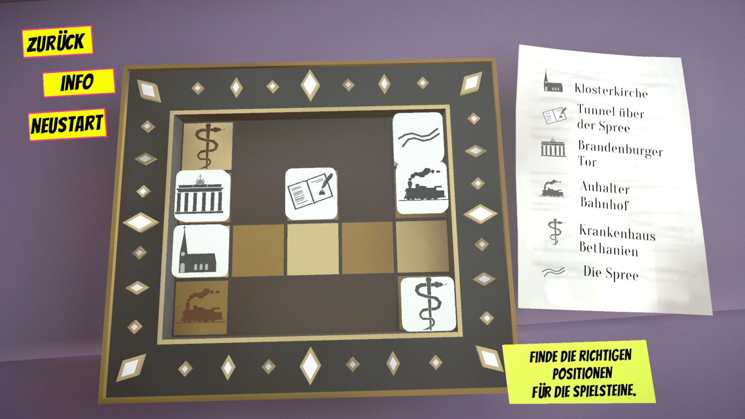Screenshot of a puzzle. It shows a wooden board with tiles. The tiles show symbols that are connected to Theodor Fontane's life. The player has to move the tiles around until they are at the correct position.