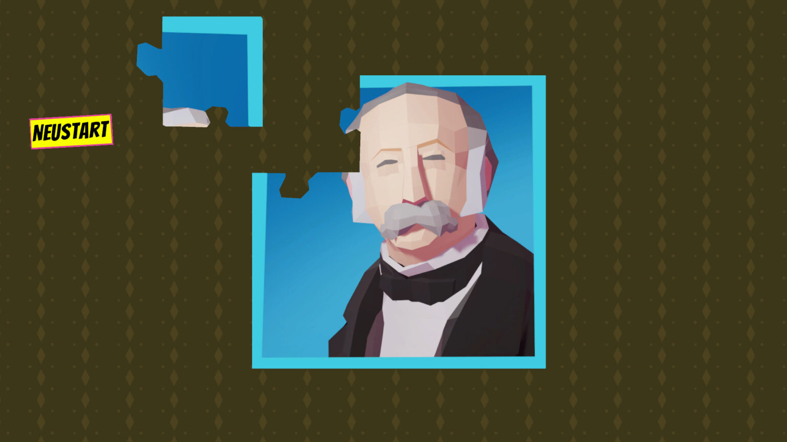 Screenshot of a puzzle. It is a classical jigsaw puzzle, showing Theodor Fontane's face. The puzzle is almost complete, only missing one piece that is still to be put in.