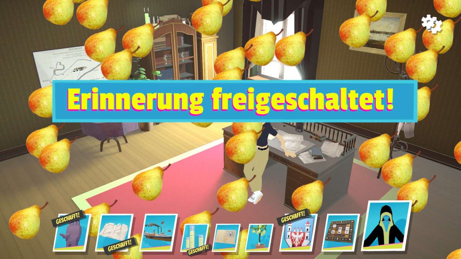 A screenshot of what is seen when a puzzle is solved. Pears fall from the sky, and the screen says: Erinnerung freigeschaltet (Memory unlocked).
