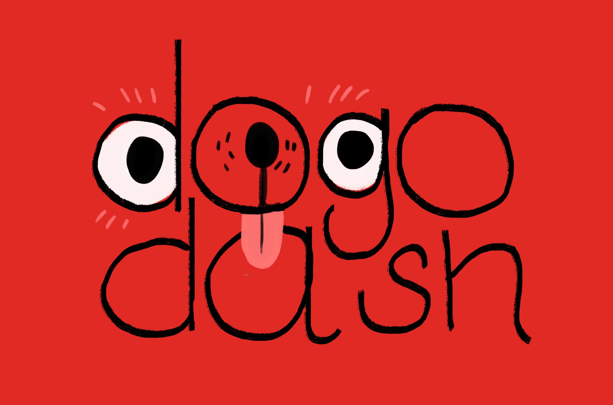 A bright and colorful title image. It shows the title Dogo Dash and the face of a dog. The face is drawn into one of the O's, using the round shape as a headshape.