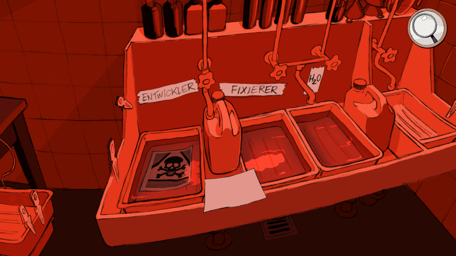 Screenshot showing the photo mini game. The Players develop photos and discover photos of bioharzadous barrels kicking off the story.