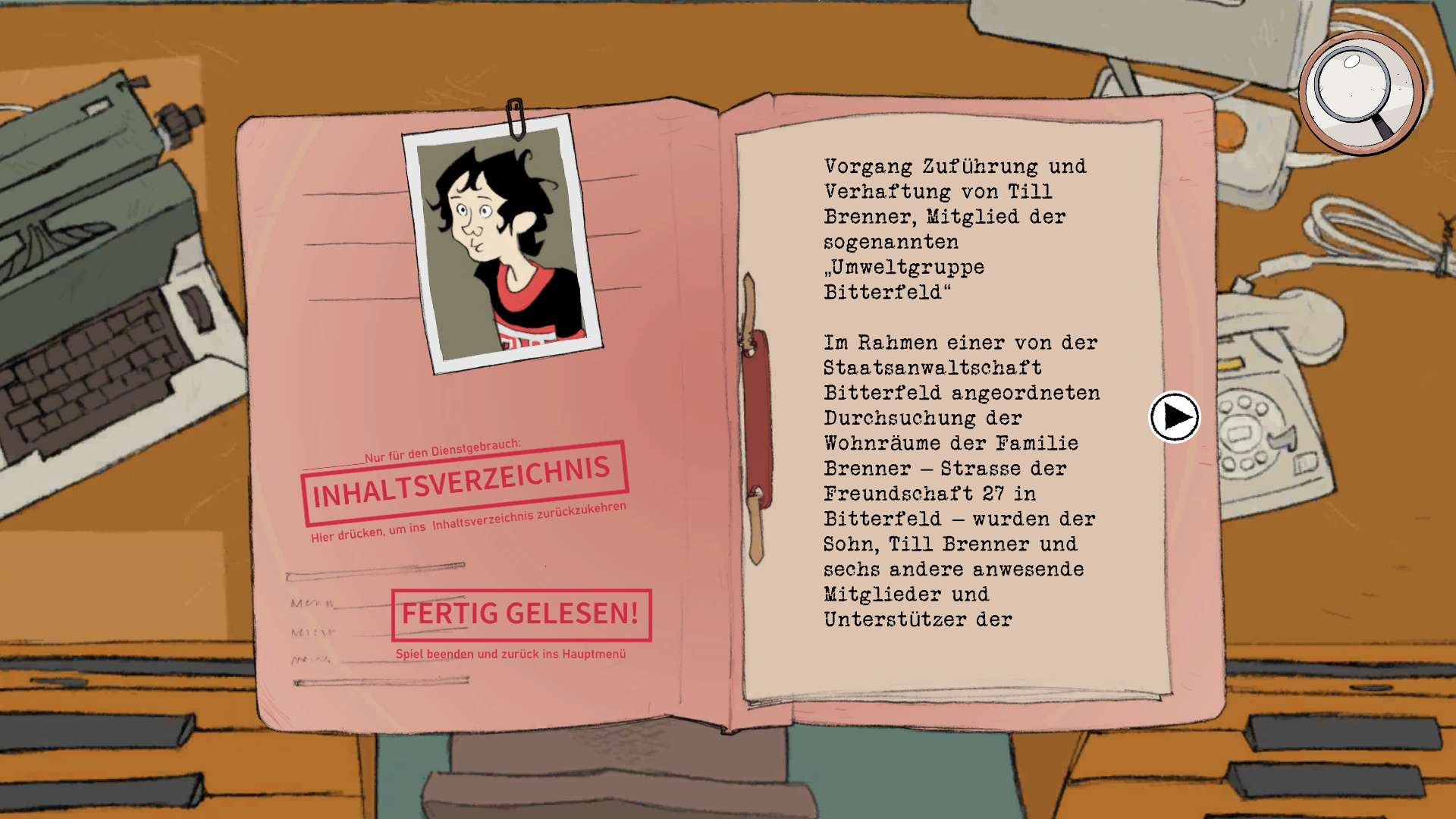 Screenshot depicting a Stasi file. As in real life the Stasi follows and writes down every move and decision of the players. The Stasi was the East German state police, that spied on the citizens.