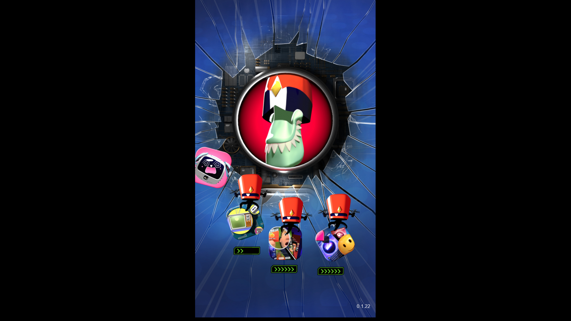The main screen of a phone is completely occupied by Cypher's giant app symbol which broke through the glass. There are 4 other apps, 3 of which are captured by Cypher's cypherlings. Cypherlings look like red ticks with propellers and claws in which they hold the app symbol. The fourth app is showing Nova. They are pushed to the edge of the screen and have a distressed expression. Nova is an antivirus software, visualized by a small, square robot. Their facial expression are pixels on a screen. Fold-out propellers at their side give an impression of dog ears, so that Nova kinda looks like a helpful and cute little dog robot.