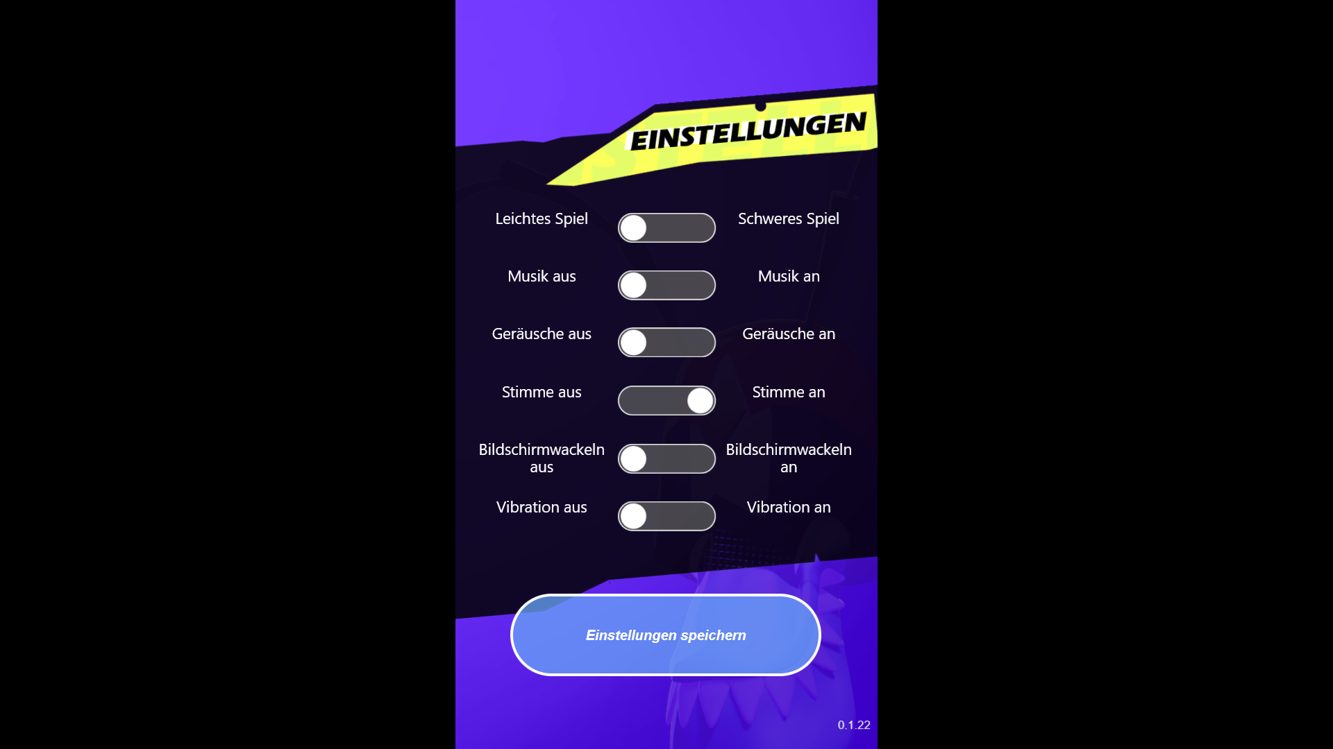 A screenshot of the settings menu. The player can choose between easy and hard game, music on and off, sound on and off, voice on and off, screenshake on and off, vibration on and off.
