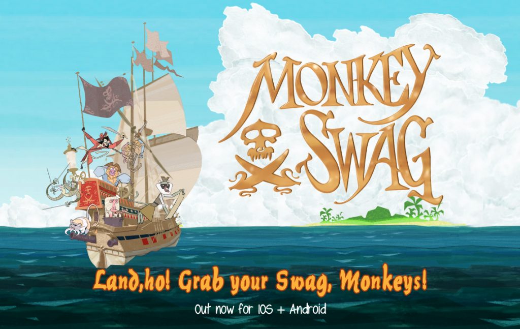 Title screen of the game Monkey Swag, showing the ship Flying Banana and the crew of pirate monkeys