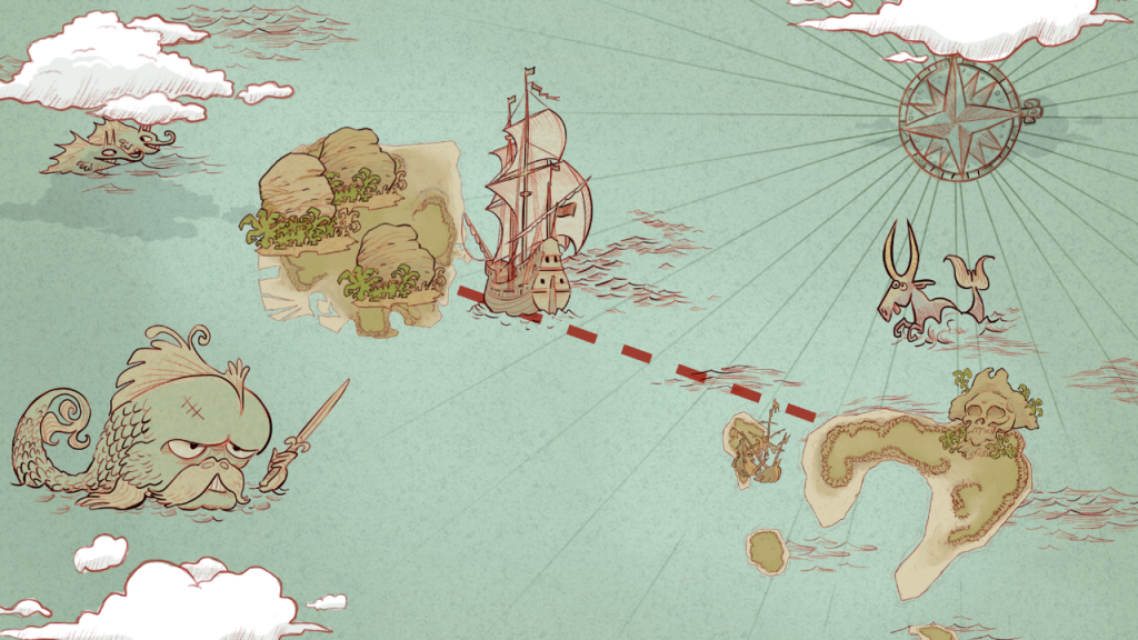 Screenshot of the game Monkey Swag,  showing the sea map and islands