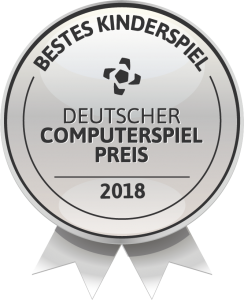 Badge showing that Monkey Swag won the german computer game award 2018 as best kids game