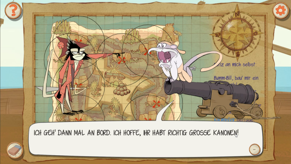 Screenshot of the game Monkey Swag,  showing a puzzle map and the characters Tessa and Bill