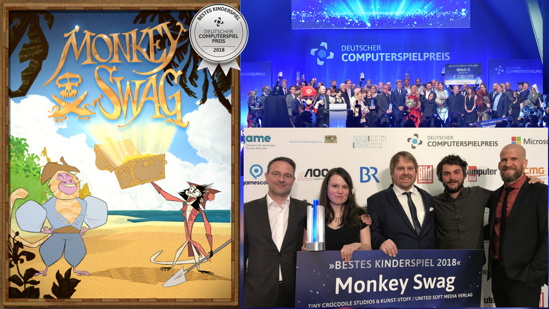 Packshot of the game Monkey Swag and a photograph of the team winnind the german computer game award for best kids game