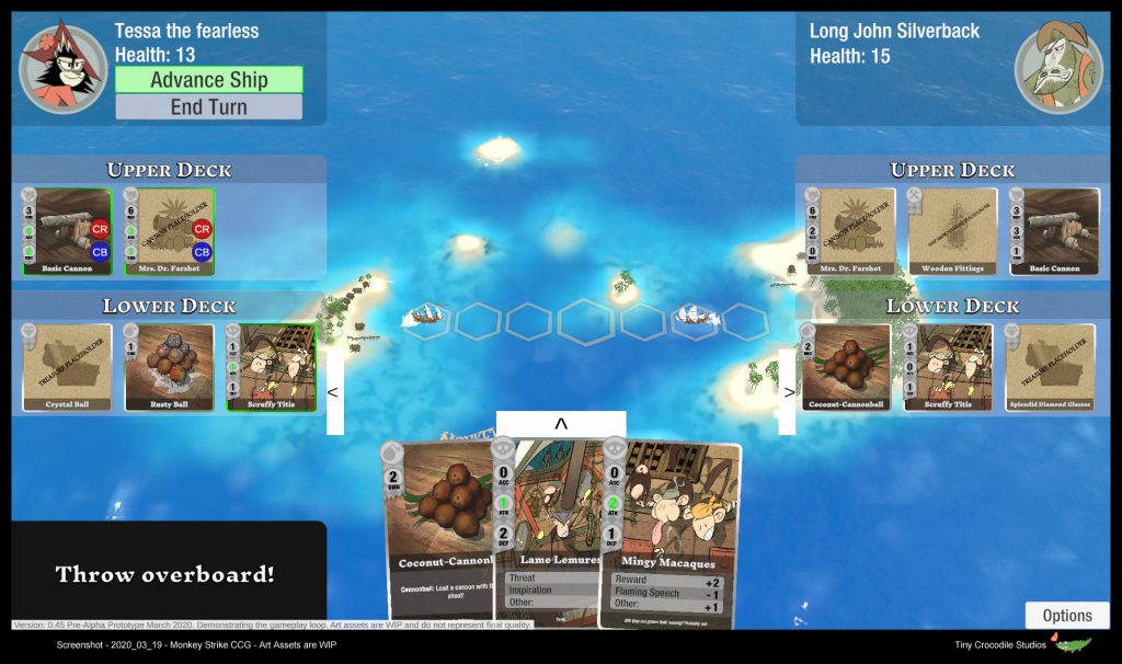 Screenshot of the game prototype Monkey Strike, showing two ships on the playing field, and player cards