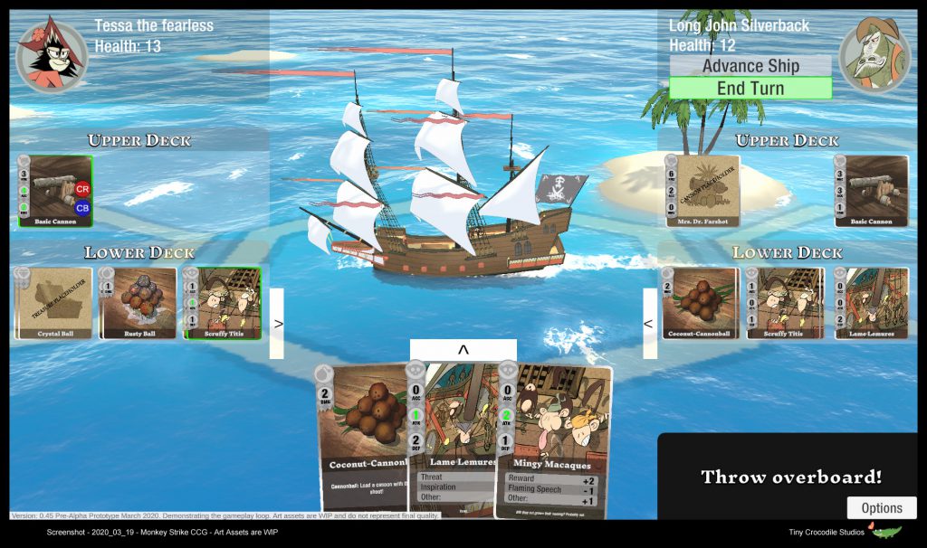 Screenshot of the game prototype Monkey Strike, showing two ships on the playing field, and player cards