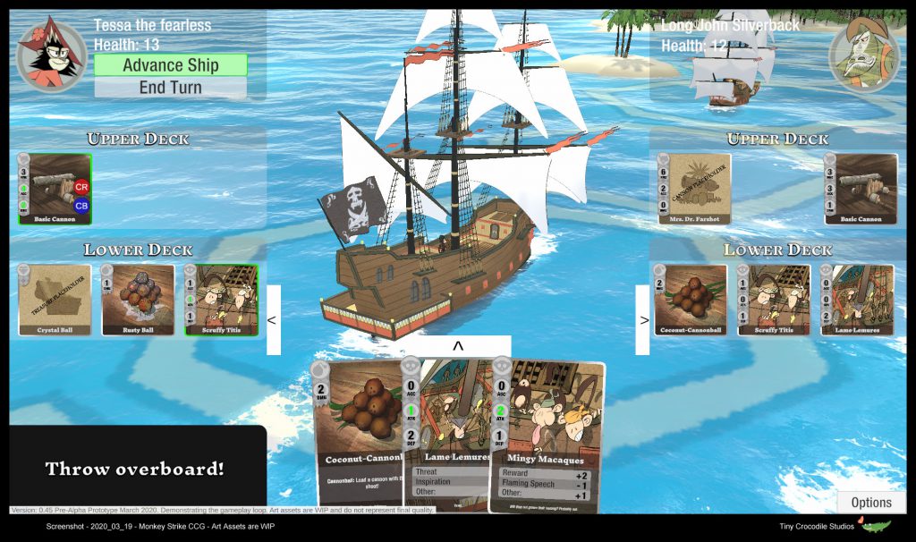 Screenshot of the game prototype Monkey Strike, showing two ships on the playing field, and player cards