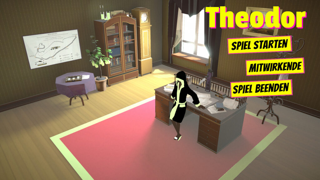 Title Screen of the game "Theodor" showing a vintage study and a young person leaning against a desk.