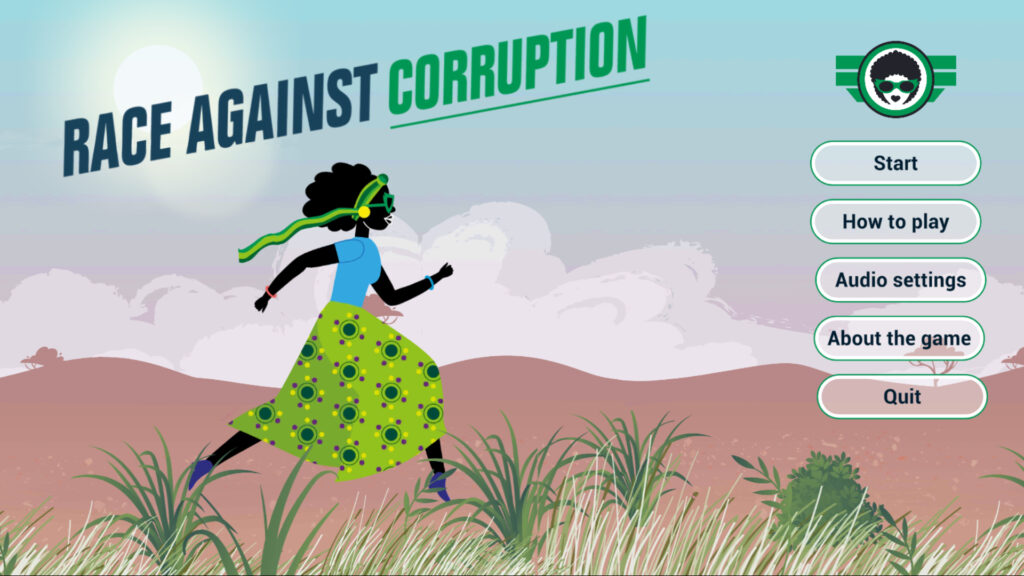 Title Screen for the Game "Race Against Corruption" showing an woman from Zambia, running on her mission to fight corruption!