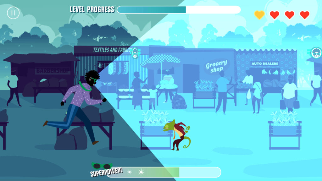 A scene from the game "Race Against Corruption" showing a man from Zambia running and jumping through a market scene. His sunglasses emit a super power ray that uncovers a corrupt chameleon.