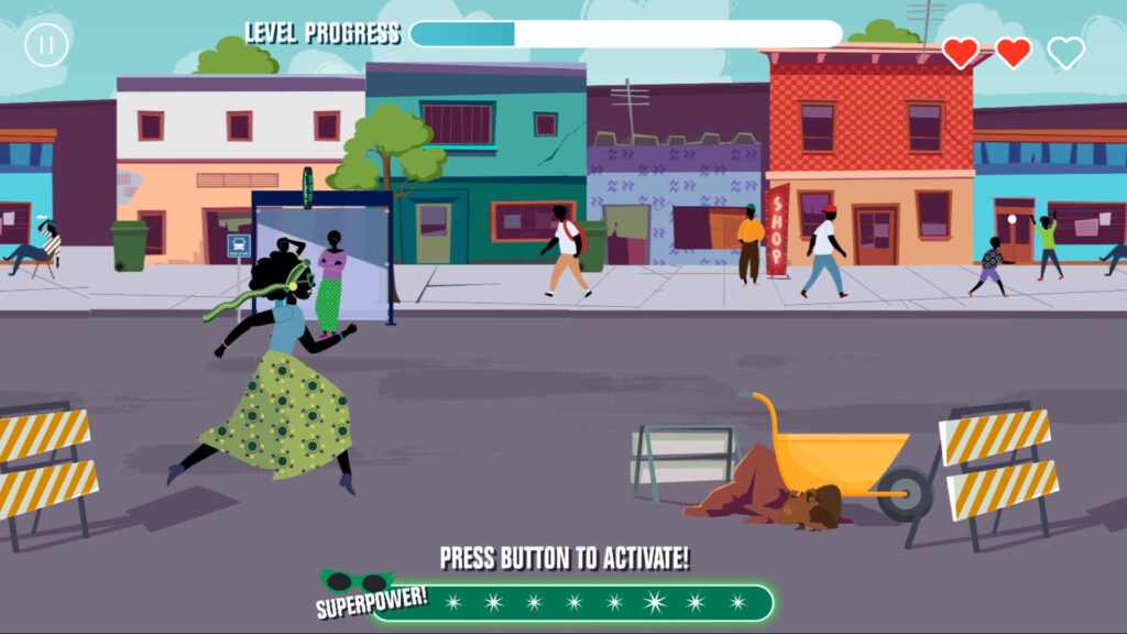 A scene from the game "Race Against Corruption" showing a woman from Zambia running and jumping through an urban scene. Hidden in the scene is a corrupt chameleon.