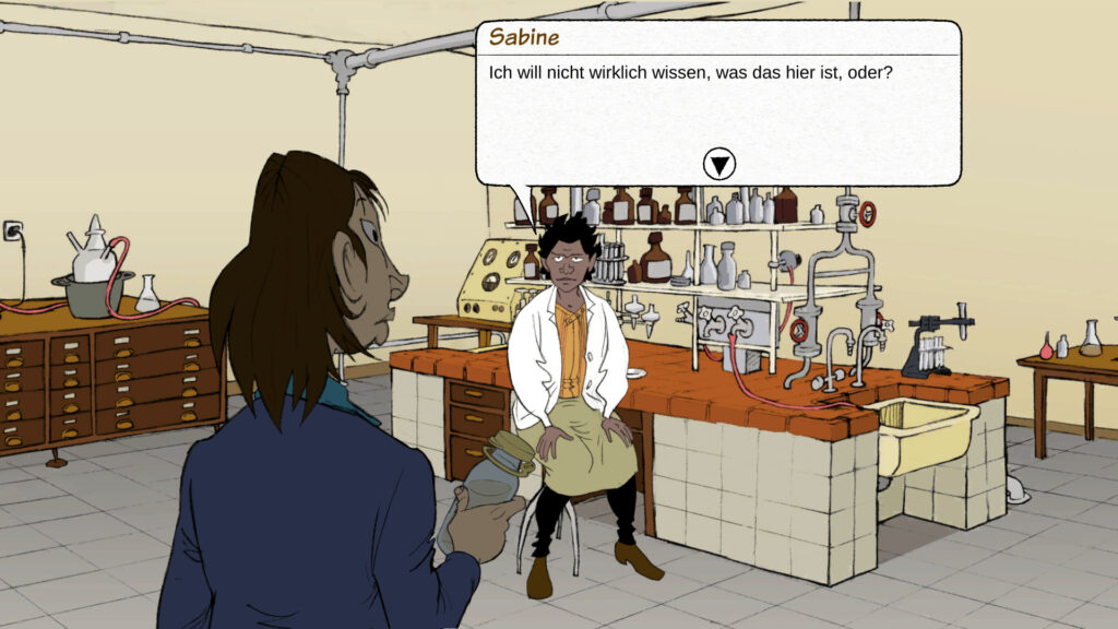 Screenshot showing the scene in the lab, where Peggy tries to get help from Sabine. Players have to convince Sabine as it is very risky for her.