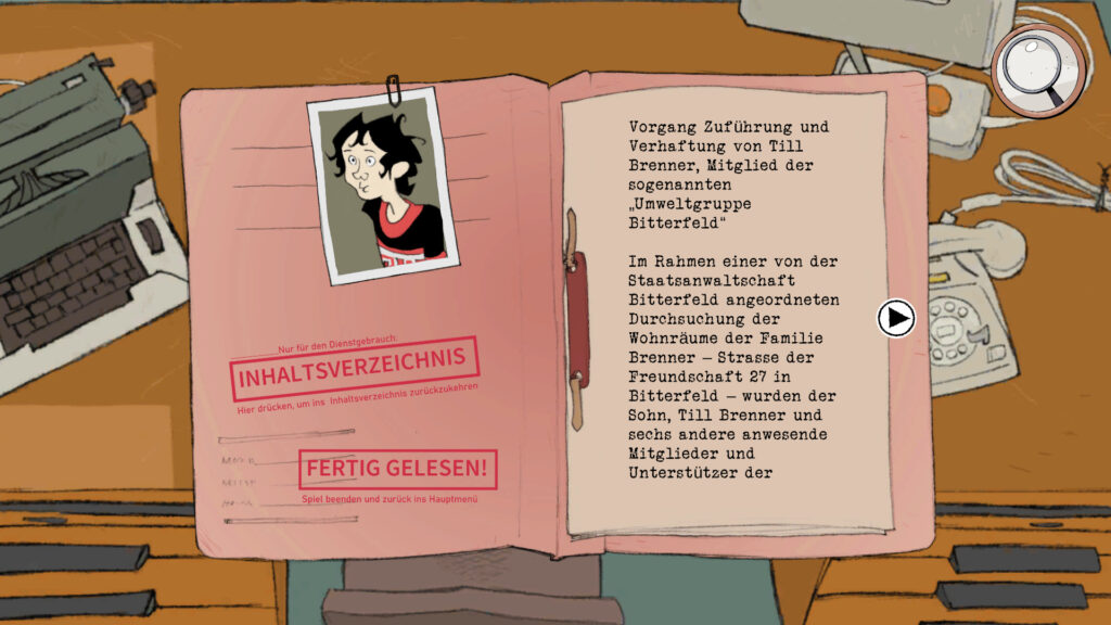 Screenshot depicting a Stasi file. As in real life the Stasi follows and writes down every move and decision of the players. The Stasi was the East German state police, that spied on the citizens.  